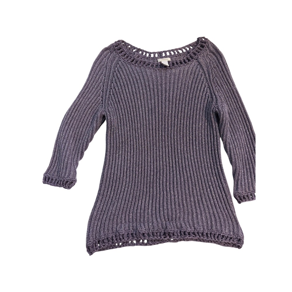 Chicos Purple Metallic Rib Knit Sweater Boat Neck Crochet Trim Size 1